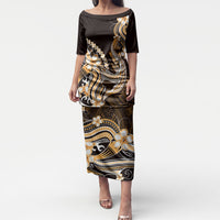 Orange Black Aloha Hawaii Puletasi Polynesian Shark Tattoo Plumeria LT14 Long Dress Orange - Polynesian Pride