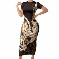 Orange Black Aloha Hawaii Short Sleeve Bodycon Dress Polynesian Shark Tattoo Plumeria LT14 Long Dress Orange - Polynesian Pride