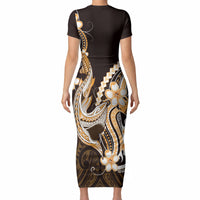 Orange Black Aloha Hawaii Short Sleeve Bodycon Dress Polynesian Shark Tattoo Plumeria LT14 - Polynesian Pride