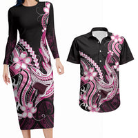 Pink Black Aloha Hawaii Couples Matching Long Sleeve Bodycon Dress and Hawaiian Shirt Polynesian Shark Tattoo Plumeria LT14 Pink - Polynesian Pride