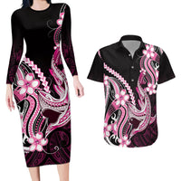 Pink Black Aloha Hawaii Couples Matching Long Sleeve Bodycon Dress and Hawaiian Shirt Polynesian Shark Tattoo Plumeria