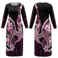 Pink Black Aloha Hawaii Couples Matching Long Sleeve Bodycon Dress and Hawaiian Shirt Polynesian Shark Tattoo Plumeria LT14 - Polynesian Pride