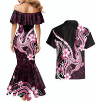 Pink Black Aloha Hawaii Couples Matching Mermaid Dress and Hawaiian Shirt Polynesian Shark Tattoo Plumeria LT14 - Polynesian Pride