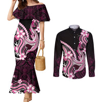 Pink Black Aloha Hawaii Couples Matching Mermaid Dress and Long Sleeve Button Shirt Polynesian Shark Tattoo Plumeria LT14 Pink - Polynesian Pride