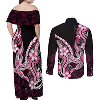 Pink Black Aloha Hawaii Couples Matching Off Shoulder Maxi Dress and Long Sleeve Button Shirt Polynesian Shark Tattoo Plumeria LT14 - Polynesian Pride