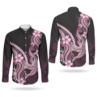 Pink Black Aloha Hawaii Couples Matching Off Shoulder Short Dress and Long Sleeve Button Shirt Polynesian Shark Tattoo Plumeria LT14 - Polynesian Pride