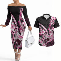 Pink Black Aloha Hawaii Couples Matching Off The Shoulder Long Sleeve Dress and Hawaiian Shirt Polynesian Shark Tattoo Plumeria LT14 Pink - Polynesian Pride