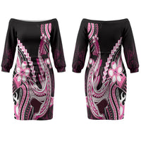 Pink Black Aloha Hawaii Couples Matching Off The Shoulder Long Sleeve Dress and Hawaiian Shirt Polynesian Shark Tattoo Plumeria LT14 - Polynesian Pride
