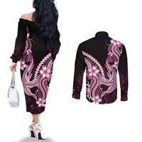 Pink Black Aloha Hawaii Couples Matching Off The Shoulder Long Sleeve Dress and Long Sleeve Button Shirt Polynesian Shark Tattoo Plumeria LT14 - Polynesian Pride