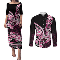 Pink Black Aloha Hawaii Couples Matching Puletasi and Long Sleeve Button Shirt Polynesian Shark Tattoo Plumeria LT14 Pink - Polynesian Pride