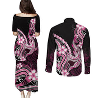 Pink Black Aloha Hawaii Couples Matching Puletasi and Long Sleeve Button Shirt Polynesian Shark Tattoo Plumeria LT14 - Polynesian Pride