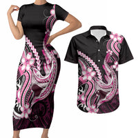Pink Black Aloha Hawaii Couples Matching Short Sleeve Bodycon Dress and Hawaiian Shirt Polynesian Shark Tattoo Plumeria LT14 Pink - Polynesian Pride