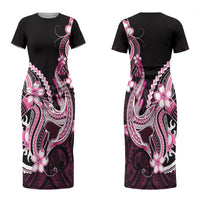 Pink Black Aloha Hawaii Couples Matching Short Sleeve Bodycon Dress and Hawaiian Shirt Polynesian Shark Tattoo Plumeria LT14 - Polynesian Pride