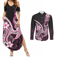 Pink Black Aloha Hawaii Couples Matching Summer Maxi Dress and Long Sleeve Button Shirt Polynesian Shark Tattoo Plumeria LT14 Pink - Polynesian Pride