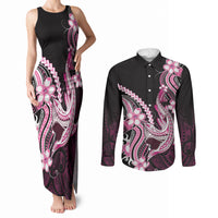 Pink Black Aloha Hawaii Couples Matching Tank Maxi Dress and Long Sleeve Button Shirt Polynesian Shark Tattoo Plumeria LT14 Pink - Polynesian Pride