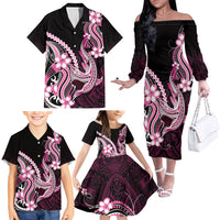 Pink Black Aloha Hawaii Family Matching Off The Shoulder Long Sleeve Dress and Hawaiian Shirt Polynesian Shark Tattoo Plumeria LT14 - Polynesian Pride
