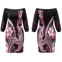 Pink Black Aloha Hawaii Family Matching Off The Shoulder Long Sleeve Dress and Hawaiian Shirt Polynesian Shark Tattoo Plumeria LT14 Mom's Dress Pink - Polynesian Pride