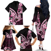 Pink Black Aloha Hawaii Family Matching Off The Shoulder Long Sleeve Dress and Hawaiian Shirt Polynesian Shark Tattoo Plumeria