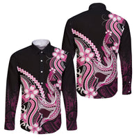Pink Black Aloha Hawaii Family Matching Off The Shoulder Long Sleeve Dress and Hawaiian Shirt Polynesian Shark Tattoo Plumeria LT14 Dad's Shirt - Long Sleeve Pink - Polynesian Pride