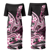 Pink Black Aloha Hawaii Family Matching Puletasi and Hawaiian Shirt Polynesian Shark Tattoo Plumeria LT14 Mom's Dress Pink - Polynesian Pride