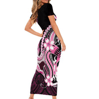 Pink Black Aloha Hawaii Family Matching Short Sleeve Bodycon Dress and Hawaiian Shirt Polynesian Shark Tattoo Plumeria