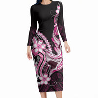 Pink Black Aloha Hawaii Long Sleeve Bodycon Dress Polynesian Shark Tattoo Plumeria LT14 Long Dress Pink - Polynesian Pride