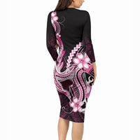 Pink Black Aloha Hawaii Long Sleeve Bodycon Dress Polynesian Shark Tattoo Plumeria LT14 - Polynesian Pride