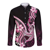 Pink Black Aloha Hawaii Long Sleeve Button Shirt Polynesian Shark Tattoo Plumeria LT14 Unisex Pink - Polynesian Pride