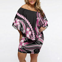 Pink Black Aloha Hawaii Off Shoulder Short Dress Polynesian Shark Tattoo Plumeria LT14 Women Pink - Polynesian Pride