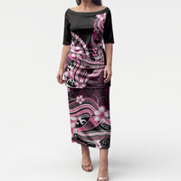 Pink Black Aloha Hawaii Puletasi Polynesian Shark Tattoo Plumeria LT14 Long Dress Pink - Polynesian Pride