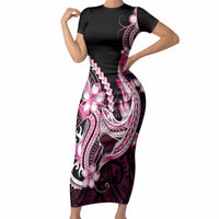 Pink Black Aloha Hawaii Short Sleeve Bodycon Dress Polynesian Shark Tattoo Plumeria LT14 Long Dress Pink - Polynesian Pride