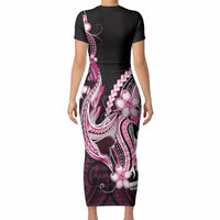Pink Black Aloha Hawaii Short Sleeve Bodycon Dress Polynesian Shark Tattoo Plumeria LT14 - Polynesian Pride