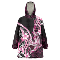 Pink Black Aloha Hawaii Wearable Blanket Hoodie Polynesian Shark Tattoo Plumeria