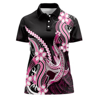 Pink Black Aloha Hawaii Women Polo Shirt Polynesian Shark Tattoo Plumeria