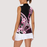 Pink Black Aloha Hawaii Women Sleeveless Polo Shirt Polynesian Shark Tattoo Plumeria
