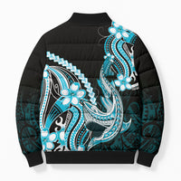 Blue Black Aloha Hawaii Bomber Puffer Jacket Polynesian Shark Tattoo Plumeria