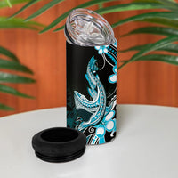 Blue Black Aloha Hawaii 4 in 1 Can Cooler Tumbler Polynesian Shark Tattoo Plumeria