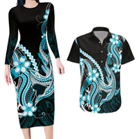 Blue Black Aloha Hawaii Couples Matching Long Sleeve Bodycon Dress and Hawaiian Shirt Polynesian Shark Tattoo Plumeria LT14 Blue - Polynesian Pride