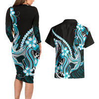 Blue Black Aloha Hawaii Couples Matching Long Sleeve Bodycon Dress and Hawaiian Shirt Polynesian Shark Tattoo Plumeria LT14 - Polynesian Pride