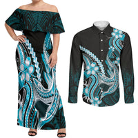 Blue Black Aloha Hawaii Couples Matching Off Shoulder Maxi Dress and Long Sleeve Button Shirt Polynesian Shark Tattoo Plumeria LT14 Blue - Polynesian Pride