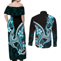 Blue Black Aloha Hawaii Couples Matching Off Shoulder Maxi Dress and Long Sleeve Button Shirt Polynesian Shark Tattoo Plumeria LT14 - Polynesian Pride