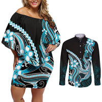 Blue Black Aloha Hawaii Couples Matching Off Shoulder Short Dress and Long Sleeve Button Shirt Polynesian Shark Tattoo Plumeria