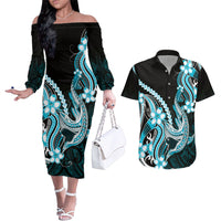 Blue Black Aloha Hawaii Couples Matching Off The Shoulder Long Sleeve Dress and Hawaiian Shirt Polynesian Shark Tattoo Plumeria LT14 Blue - Polynesian Pride