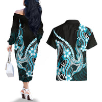 Blue Black Aloha Hawaii Couples Matching Off The Shoulder Long Sleeve Dress and Hawaiian Shirt Polynesian Shark Tattoo Plumeria