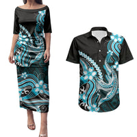 Blue Black Aloha Hawaii Couples Matching Puletasi and Hawaiian Shirt Polynesian Shark Tattoo Plumeria LT14 Blue - Polynesian Pride