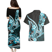Blue Black Aloha Hawaii Couples Matching Puletasi and Hawaiian Shirt Polynesian Shark Tattoo Plumeria LT14 - Polynesian Pride