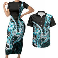 Blue Black Aloha Hawaii Couples Matching Short Sleeve Bodycon Dress and Hawaiian Shirt Polynesian Shark Tattoo Plumeria LT14 Blue - Polynesian Pride