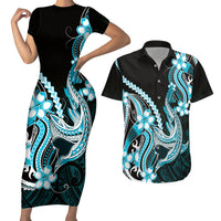 Blue Black Aloha Hawaii Couples Matching Short Sleeve Bodycon Dress and Hawaiian Shirt Polynesian Shark Tattoo Plumeria