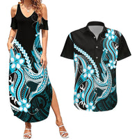 Blue Black Aloha Hawaii Couples Matching Summer Maxi Dress and Hawaiian Shirt Polynesian Shark Tattoo Plumeria