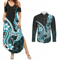 Blue Black Aloha Hawaii Couples Matching Summer Maxi Dress and Long Sleeve Button Shirt Polynesian Shark Tattoo Plumeria LT14 Blue - Polynesian Pride